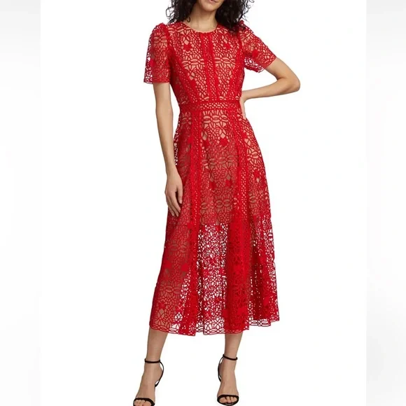 Self-Portrait Guipure lace short-sleeve midi dress RED 2 - Picture 3 of 6